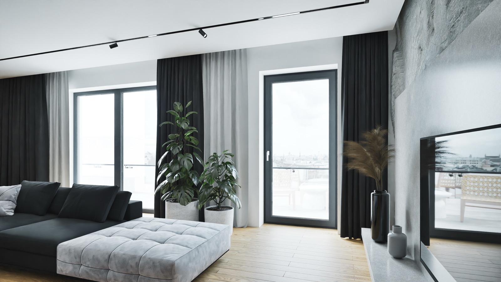 Warm living room with European windows and a city view