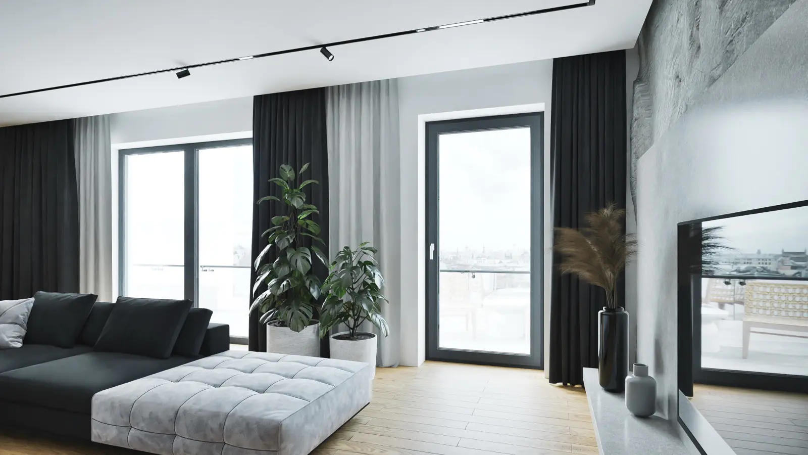 Warm living room with European windows and a city view