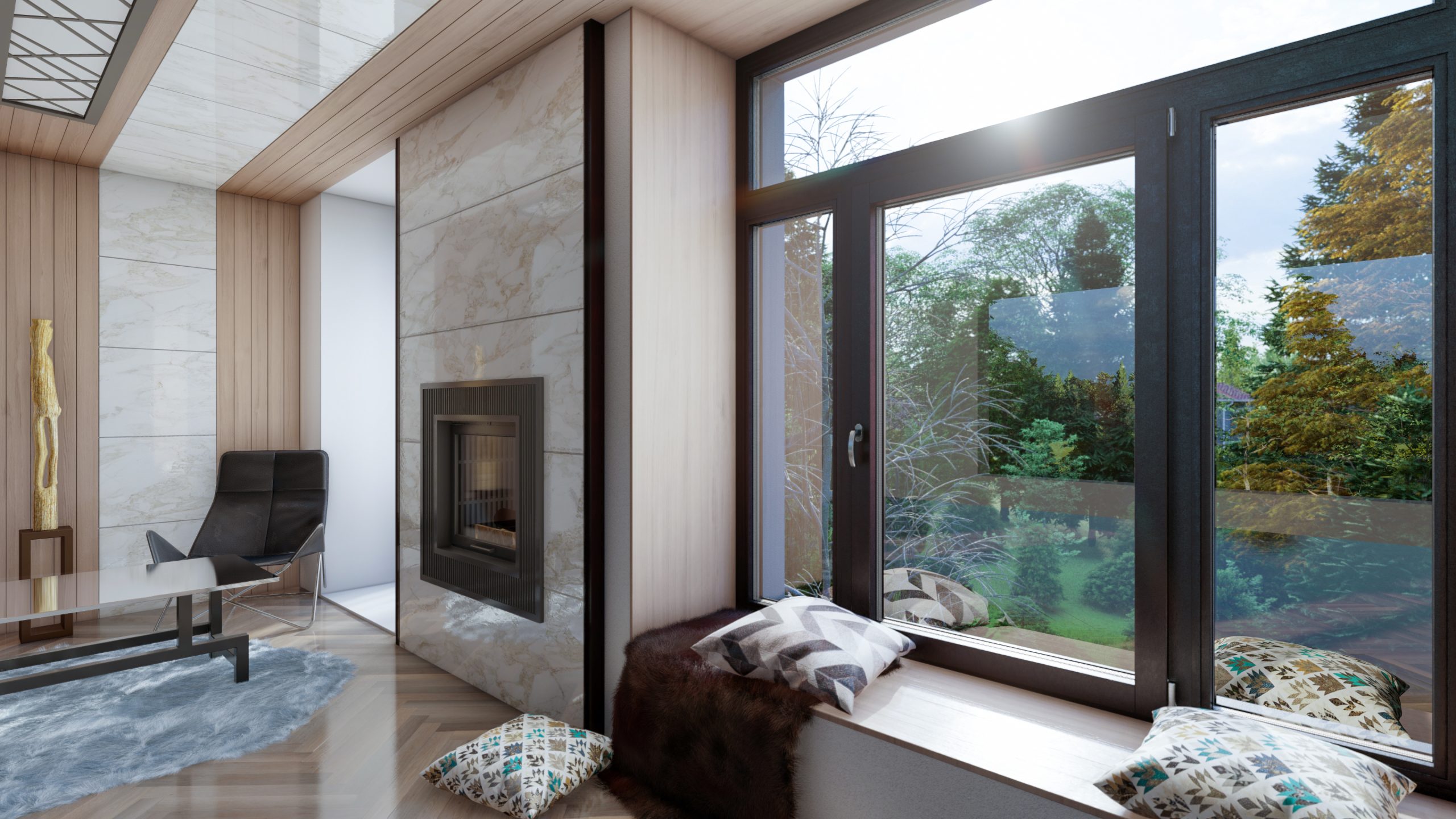 European PVC window with a forest view from a modern living room