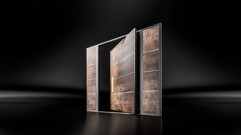 Large-format aluminum PIVOT door with concealed hinges